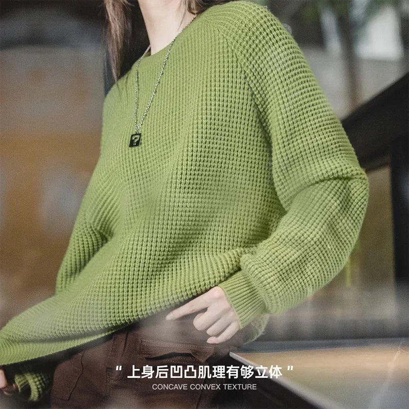Maden Women’s Knitted Sweater Pineapple Texture Loose Thickened Pullover Knitwear Raglan Sleeve Green Autumn Winter Tops