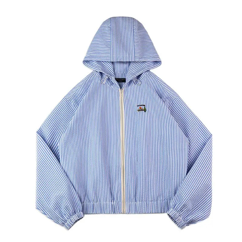 Maden Casual Blue White Striped Hooded Shirt Women's Spring Seersucker Vacation Style Blouse Lightweight Layering Beach Shirts