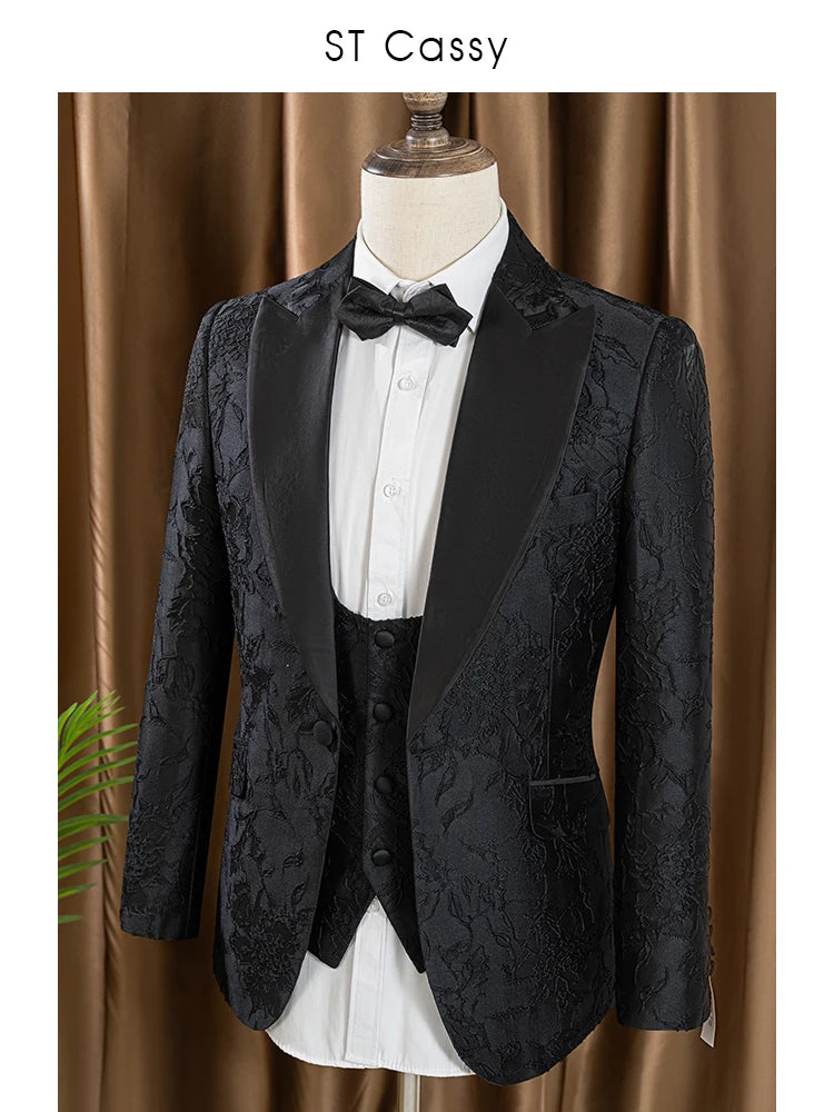 ST Cassy High Quality Retro carving Party Dress Slim Fit Tuxedo Prom Suit Fashion black Male Groom Wedding three-piece