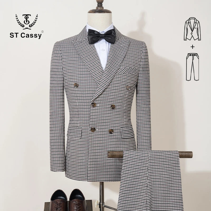 ST Cassy Fashionable Plaid suit High-end Brand Business Slim Fit Casual Party Dress Male Groom Wedding Blazers Double Breasted