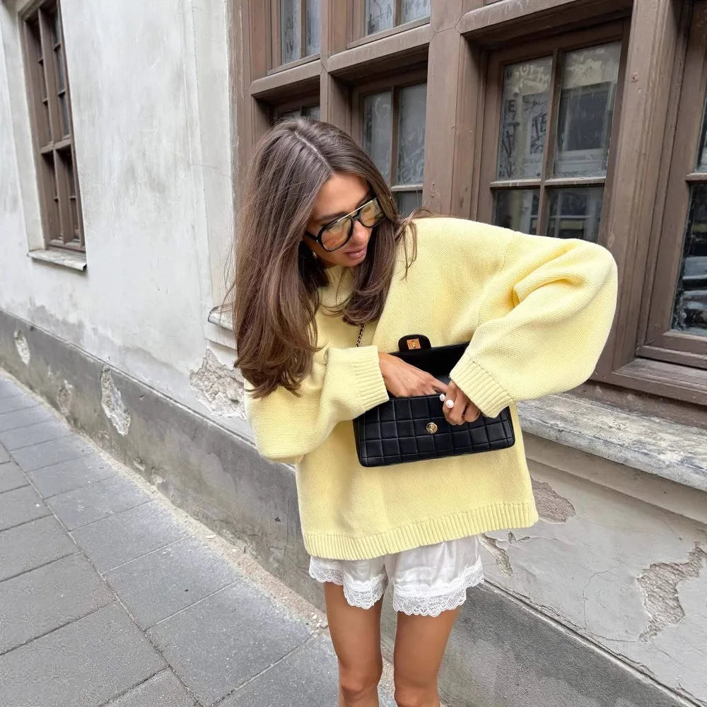 Women Yellow Full Sleeve Round Neck Loose Top Casual Knitted Pleated Short Sweaters New Autumn Lady Daily Street Commute Outfits