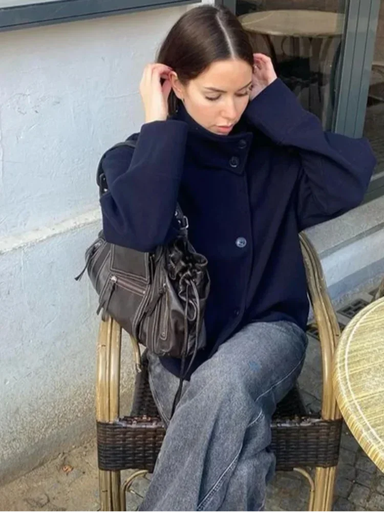 Women Solid Woolen Blend Casual Coat Stand Collar Long Sleeve Single Breasted Fashion Jacket Autumn Lady High Street New Outwear