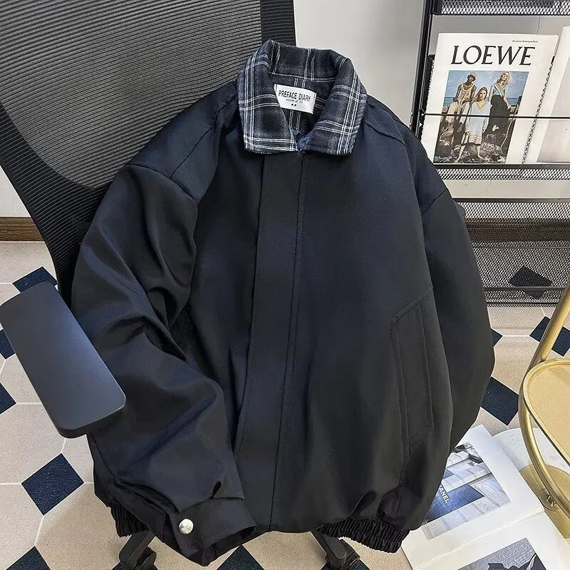 2025 New Plaid Lapel Fake Two-piece Zipper Jacket Men's High Street Fashion Outerwear Coats American Retro Y2K jaqueta masculina