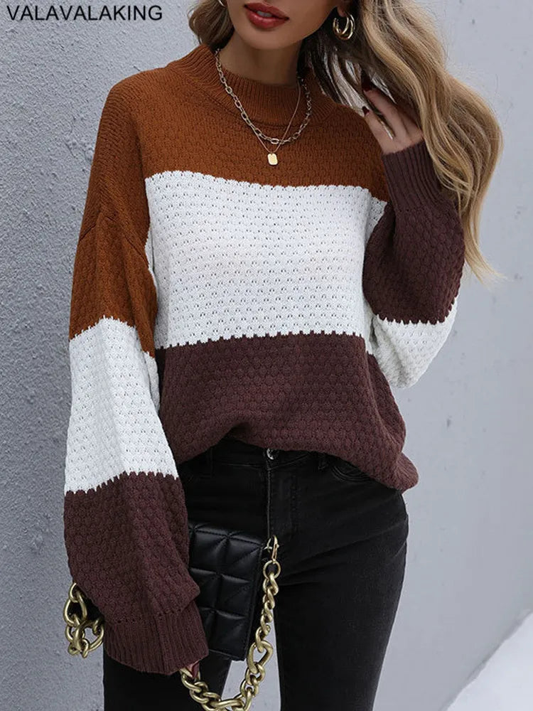 2025 Winter Solid Patchwork Knitted Sweater Women Long Sleeve Loose Pullover Autumn Lady Half High Collar Casual Warm Jumper