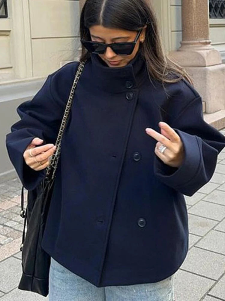 Women Solid Woolen Blend Casual Coat Stand Collar Long Sleeve Single Breasted Fashion Jacket Autumn Lady High Street New Outwear
