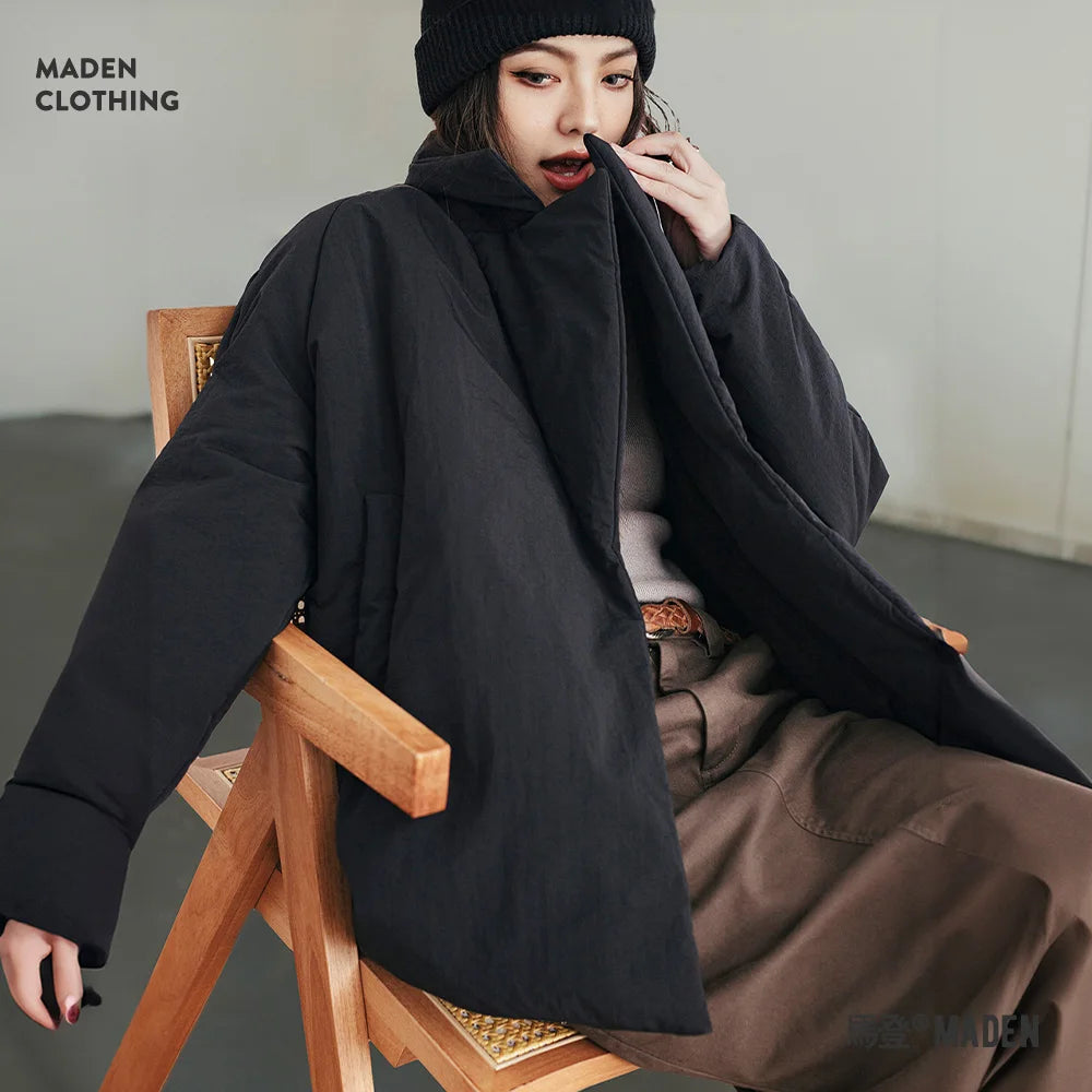 Maden Women's Cotton-padded Lapel Coat Loose Fit Warm Short Puffer Jacket Casual Commuter Black Korea Parkas Winter Outerwear