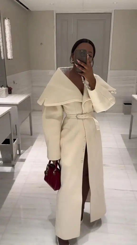 Elegant Women's Wool Blend Maxi Dress Coat Oversized Cape Lapel Belted Chic Outerwear Loose Warm Autumn Winter Fashion Outfit