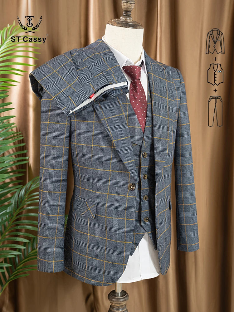 ST Cassy high quality 3 Piece Checkered Suit Set dark blue Stylish Business Office Wedding Formal Outfit Elegant full man suit