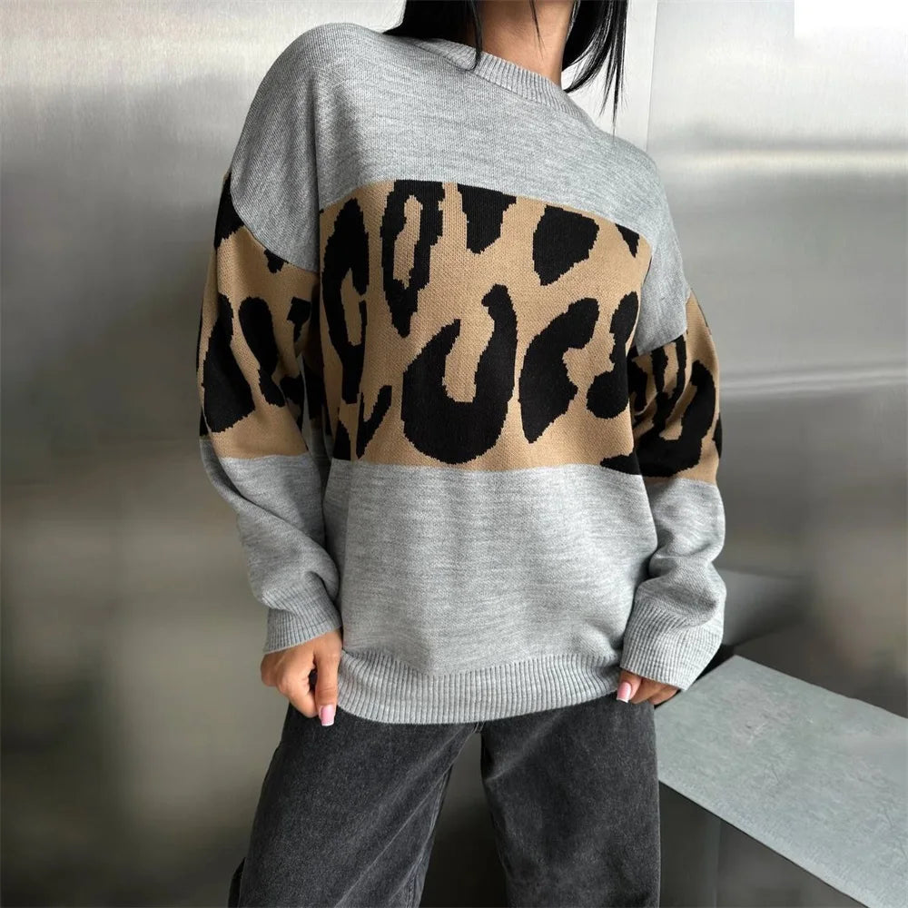 Autumn Winter Vintage Leopard Print Women's Sweater Loose Causal Oversized Knitwear Women Fashion Oneck Female Clothing 2024 New