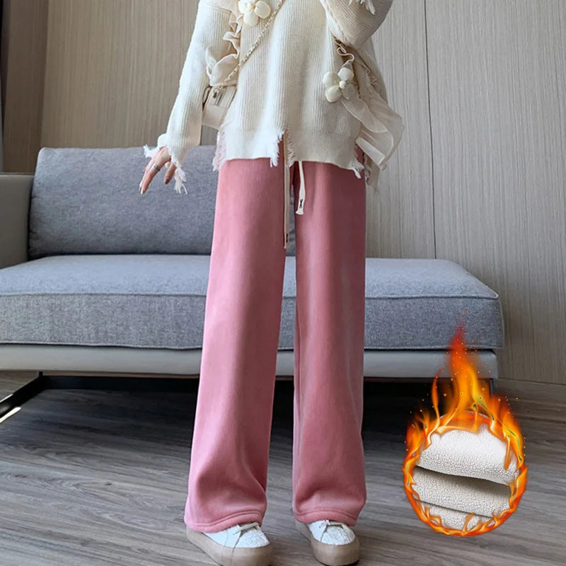 Winter Women Fleece Wide Leg Long Pants Thicken Warm Winter Stright Long Elastic Waist Trousers Casual Loose Female Botton Pants