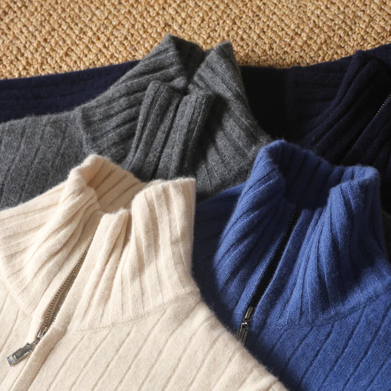 Men 100% Merino Wool Stand-Up Collar Cardigan Casual Knit Business Zipper Coat Autumn Winter Versatile Warm Men Cashmere Jacket