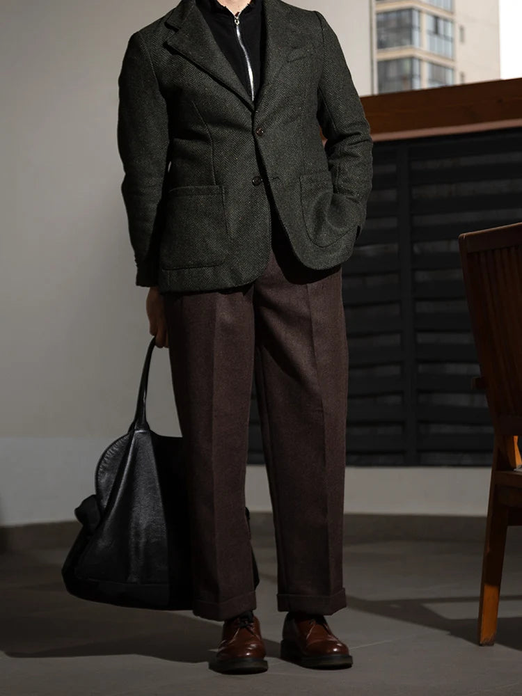 Textured cross-weave wool tweed casual pants Hollywood waist loose straight-leg long pants Vintage-style trousers Thick