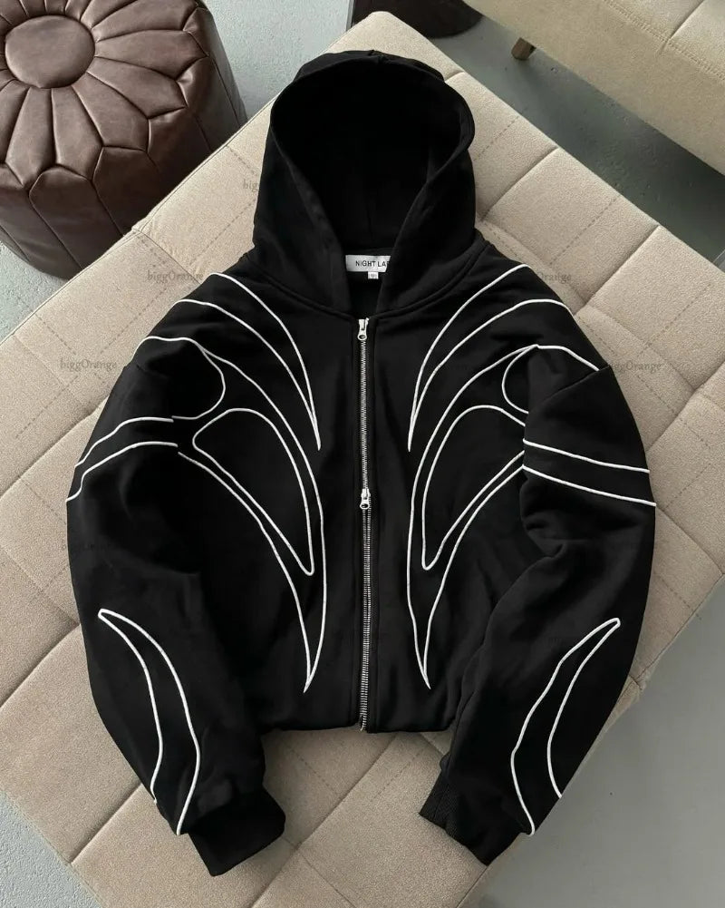 Striped splicing embroidery oversized hoodie American new clothing high street trend brand double zipper black zipper sweatshirt