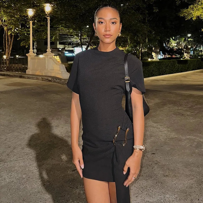 XIAOTANG Short Sleeve Draped Sexy Mini Dress For Women Black Metal Buckle O Neck High Waist Bodycon Club Dress Vestido Clothes