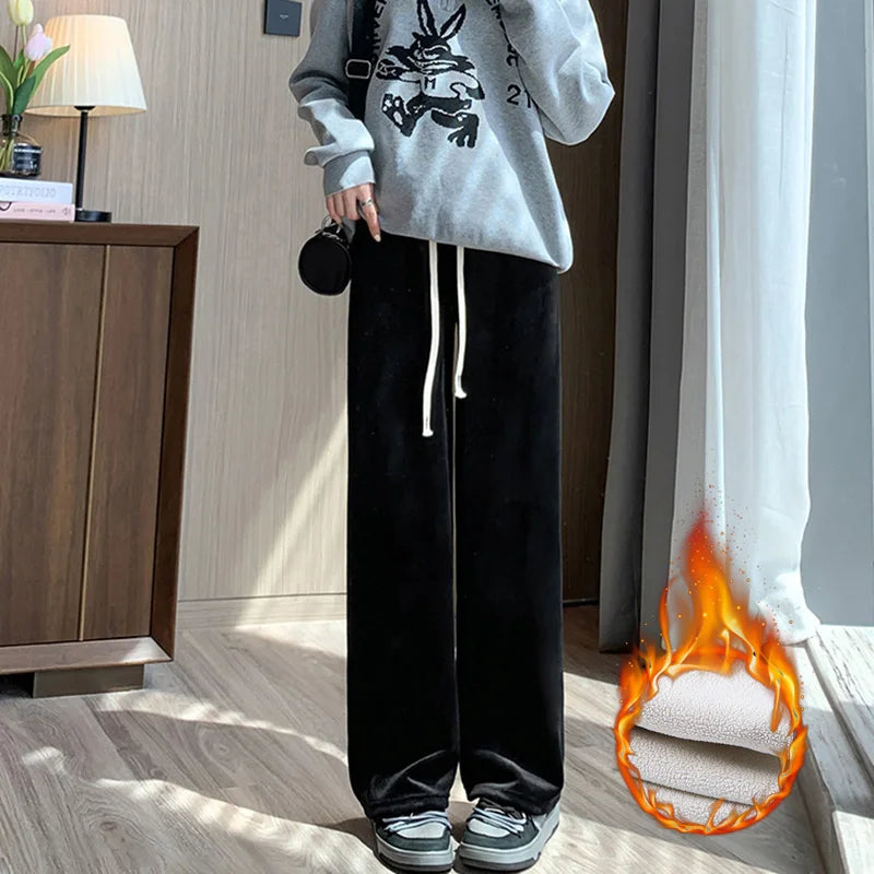 Winter Women Fleece Wide Leg Long Pants Thicken Warm Winter Stright Long Elastic Waist Trousers Casual Loose Female Botton Pants