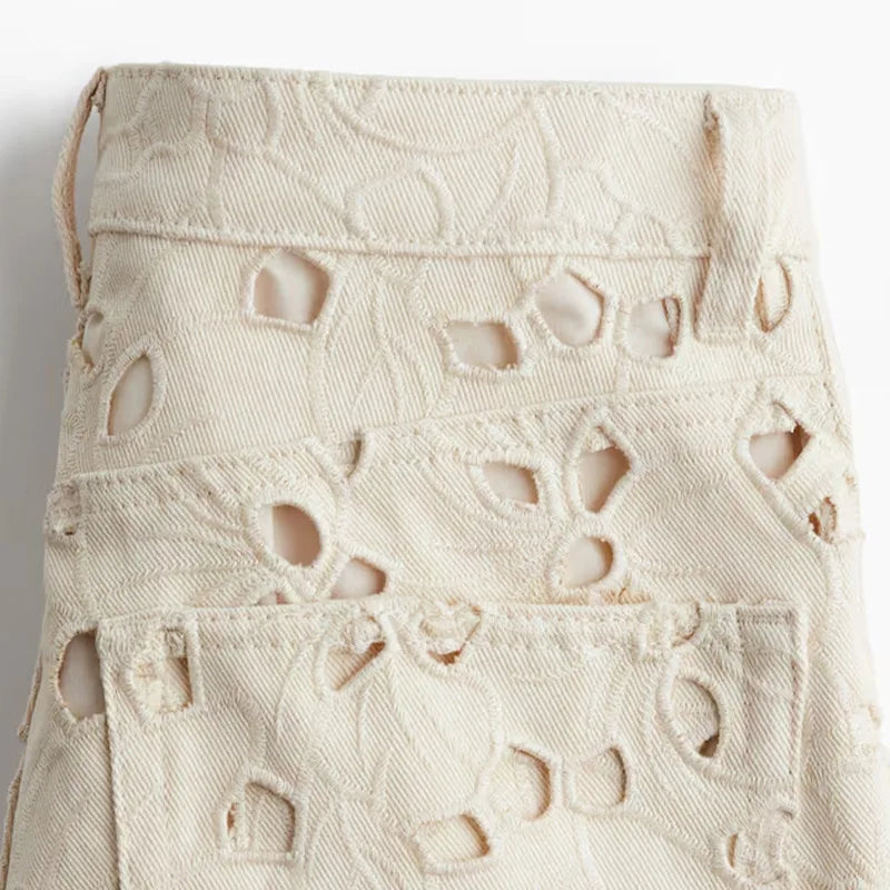Chic Beige Mid-Rise Cut-Out Denim Jeans Pant For Women Designer Women's Wide Leg Baggy Pants Casual Daily Streetwear Trousers