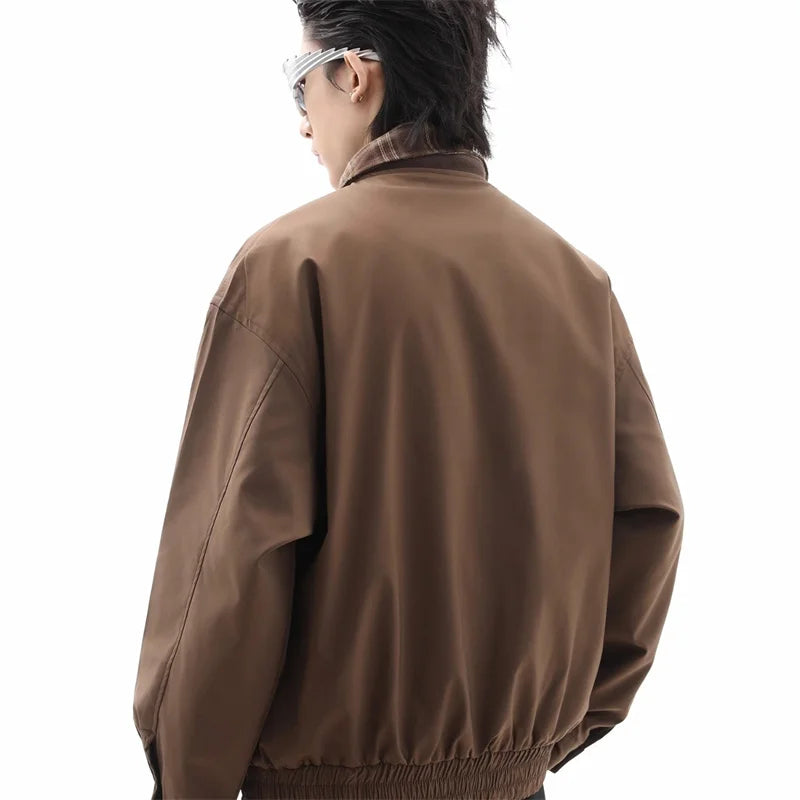2025 New Plaid Lapel Fake Two-piece Zipper Jacket Men's High Street Fashion Outerwear Coats American Retro Y2K jaqueta masculina