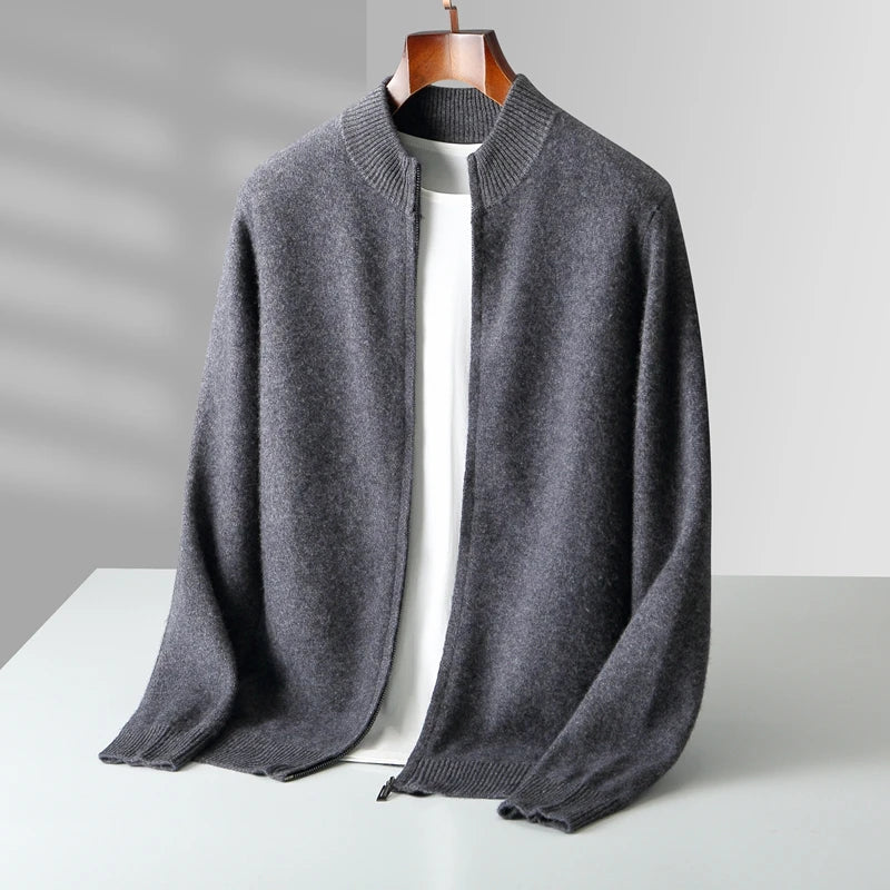 100% Merino Wool Men's Warm Sweater Mock Collar Thickened Zippered Cardigan Autumn Winter New Cashmere Knitted Long Sleeve Tops