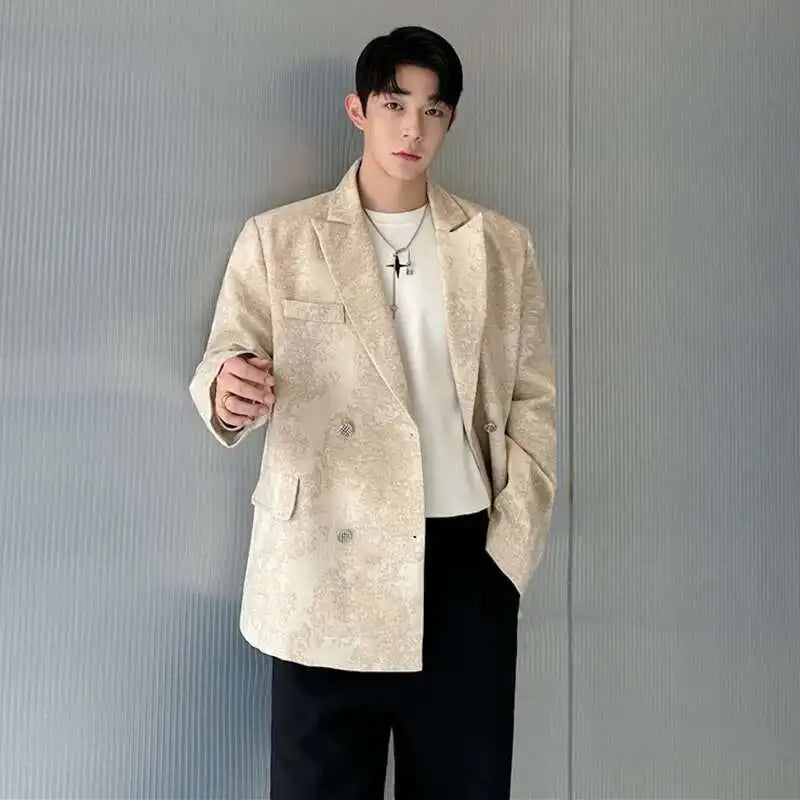 LUZHEN Design Cloud Pattern Jacquard Trendy Loose Edition Casual Double Breasted Suit Jackets Handsome Korean Blazer Male LZ8767