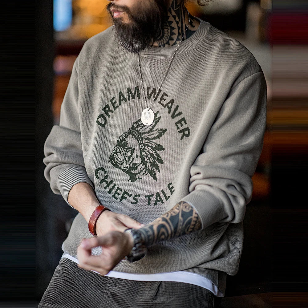 Maden Retro Letter Knitted Pattern Sweater Round Neck Casual Pullover Warm Sweater for Men's Autumn and Winter Versatile Tops