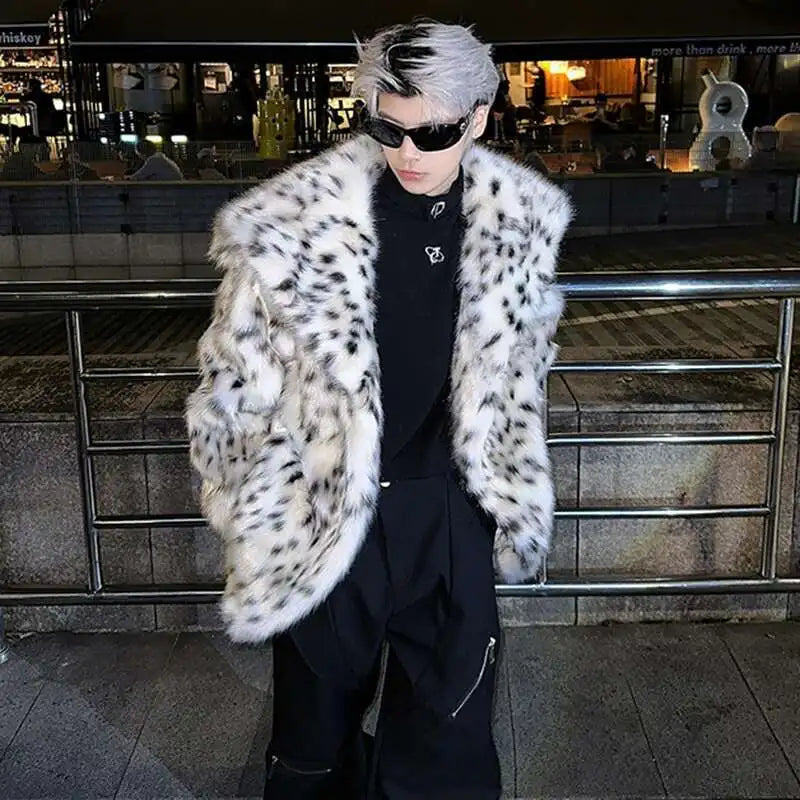 LUZHEN Leopard Print Niche Imitation Fur Tops Turn-down Collar Personalized Functional Warm Coat Elegance Trendy Male LZ7986