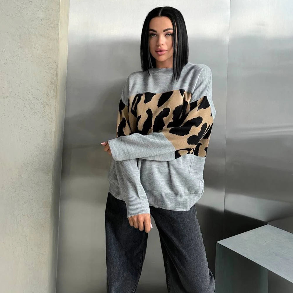 Autumn Winter Vintage Leopard Print Women's Sweater Loose Causal Oversized Knitwear Women Fashion Oneck Female Clothing 2024 New