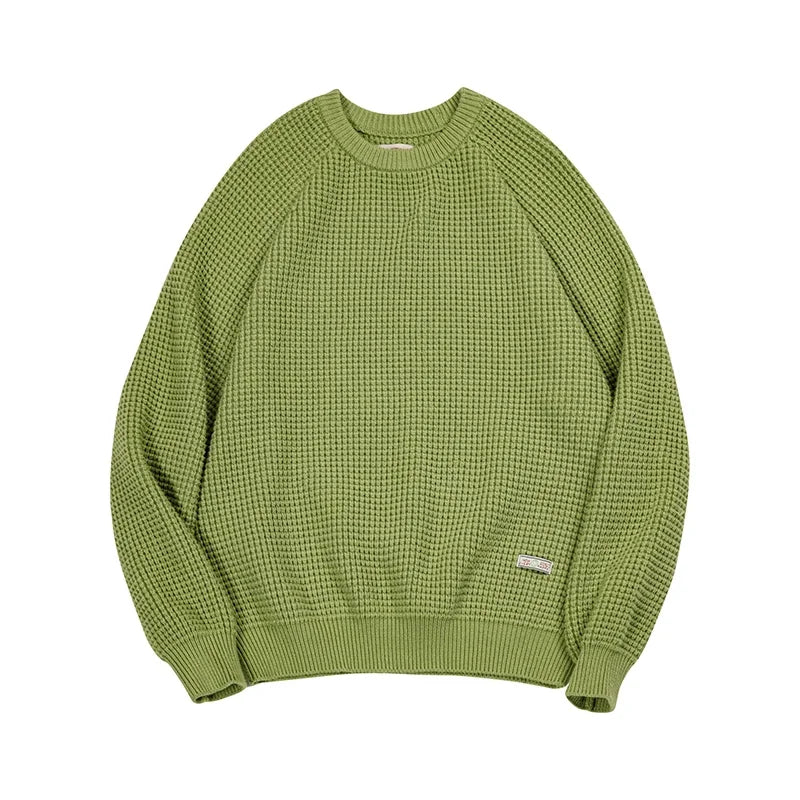 Maden Women’s Knitted Sweater Pineapple Texture Loose Thickened Pullover Knitwear Raglan Sleeve Green Autumn Winter Tops
