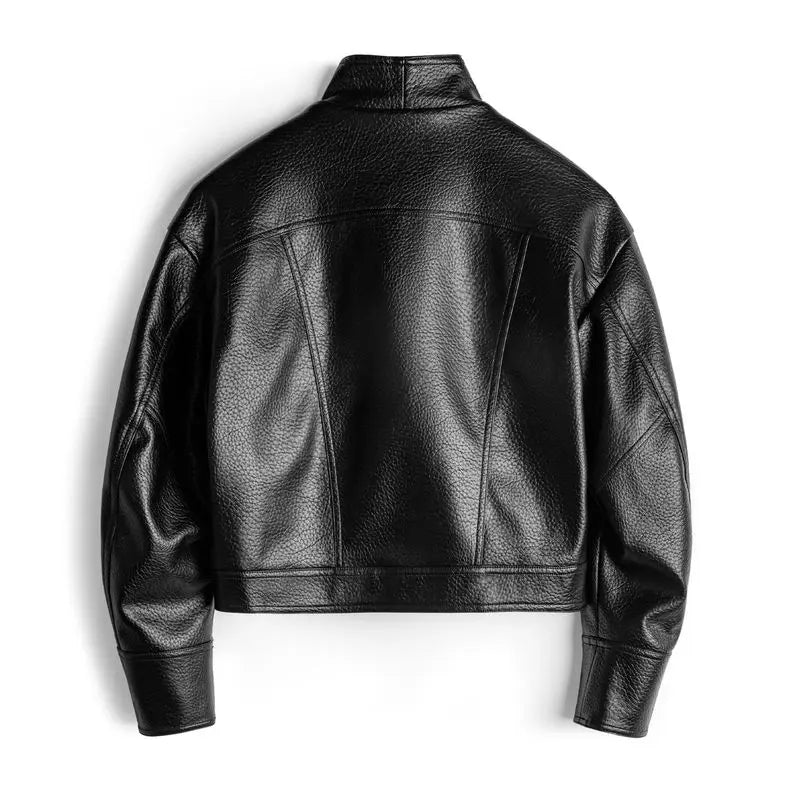 Maden Women's Retro Black Faux Leather Jacket Cropped Motorcycle Style Zipper Jackets Versatile Autumn and Spring Outerwear