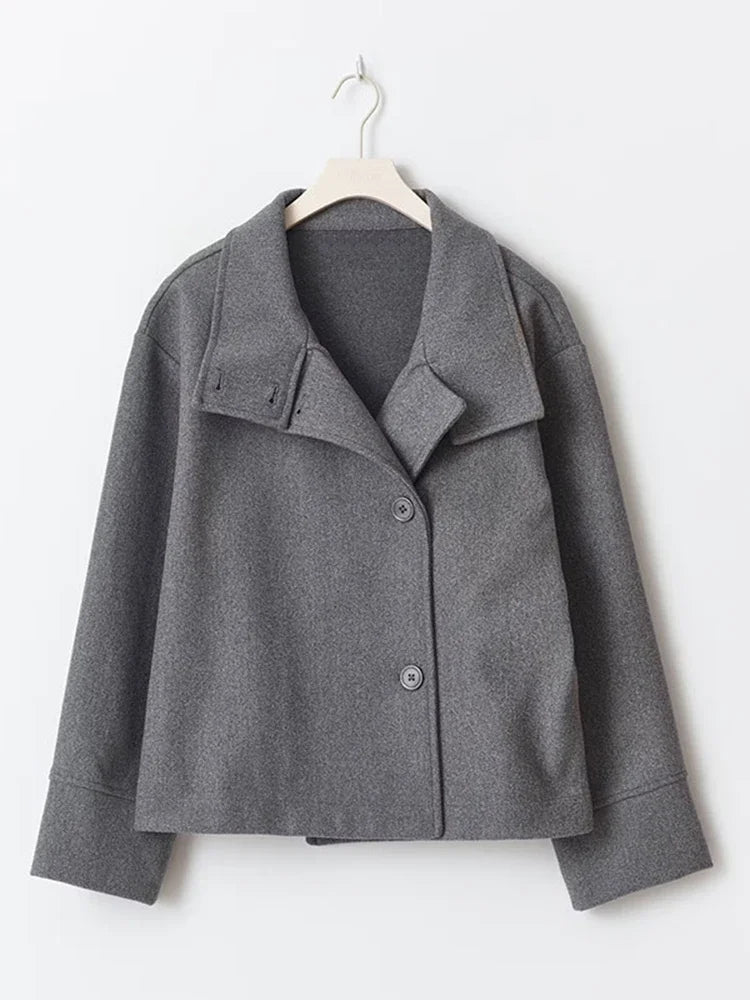 Women Solid Woolen Blend Casual Coat Stand Collar Long Sleeve Single Breasted Fashion Jacket Autumn Lady High Street New Outwear