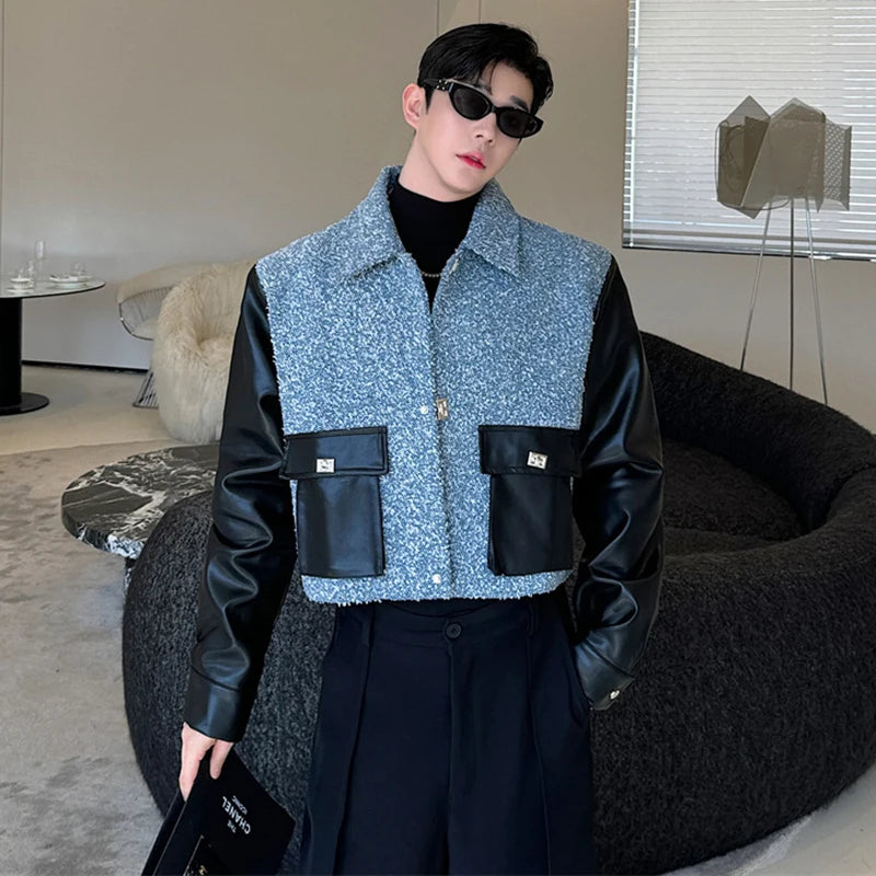 LUZHEN Spring Fabric Short Fashion Jackets Patchwork Faux Leather Color Contrast Trendy Casual Outerwear Male Clothes LZ6326