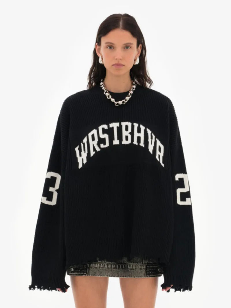 Trendy Loose Letter Jacquard Knitted Pullover Women's 2025 Autumn New Highstreet Gray Black Soft Sweater Hottie Versatile Pieces