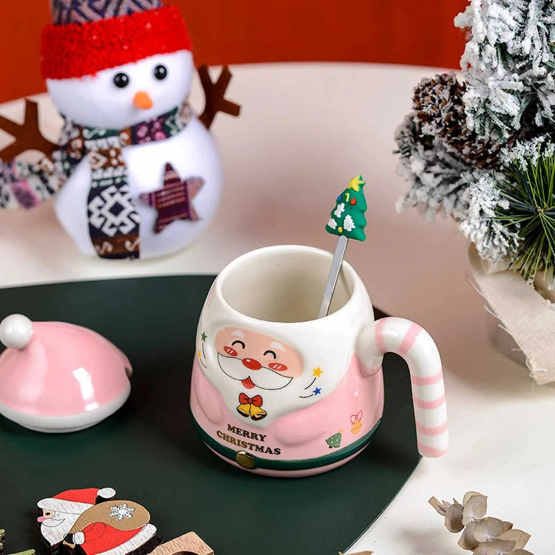 Christmas Gift Selection Cartoon Santa Mug, Ceramic Mug with Lid & Spoon, Gift Box Packaging, Create a Warm Christmas Atmosphere