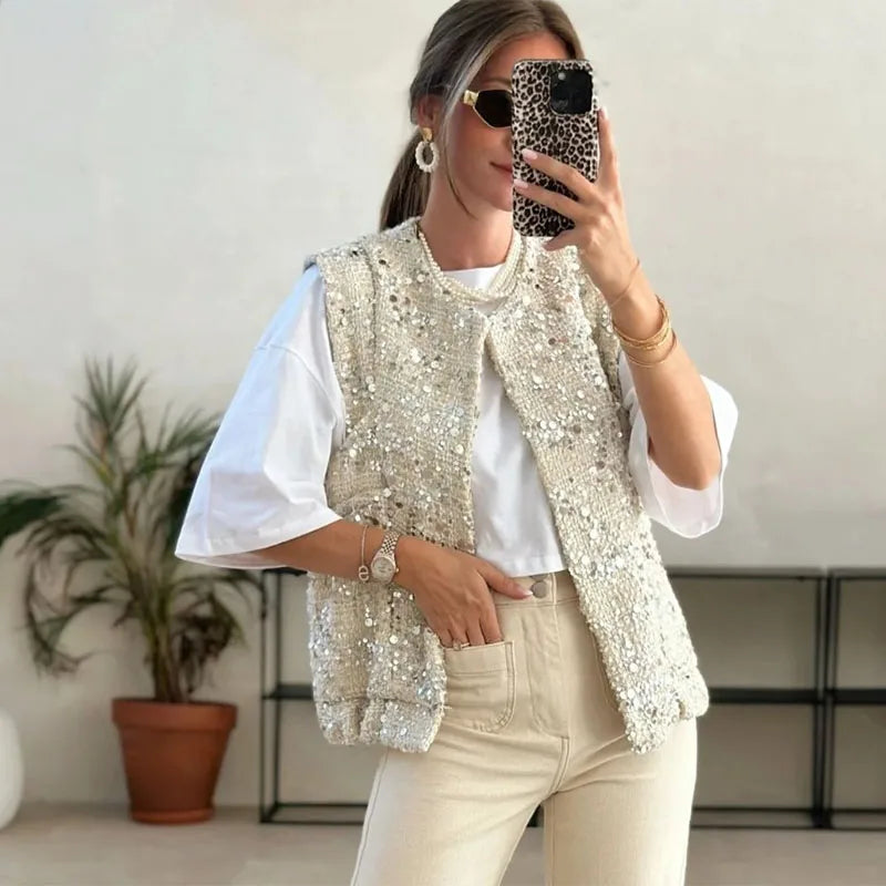 Sparkly Women's Loose Fit Sequin Jacket Coat Stand Collar Zip-Up Silver Cropped Outerwears Chic Autumn Casual Daily Streetwear
