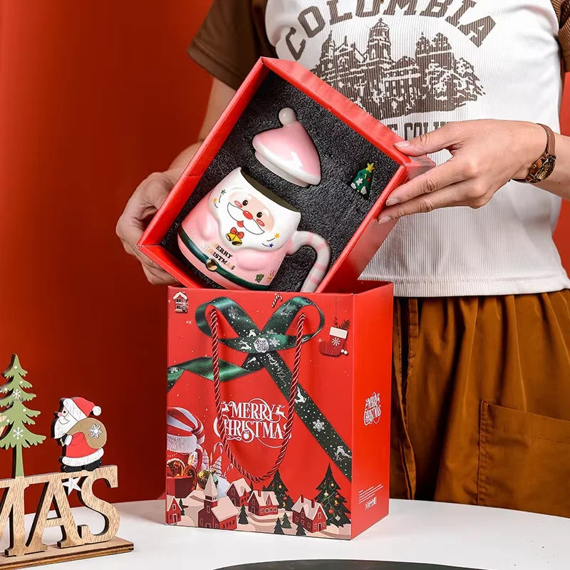 Christmas Gift Selection Cartoon Santa Mug, Ceramic Mug with Lid & Spoon, Gift Box Packaging, Create a Warm Christmas Atmosphere