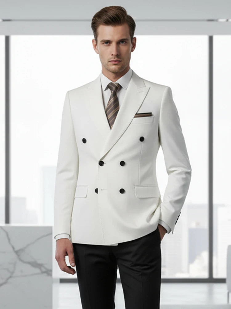 ST cassy 2 Piece White Double Breasted Suit Set  Business Wedding Outfit Classic Stylish Blazer Pants Trendy Elegant