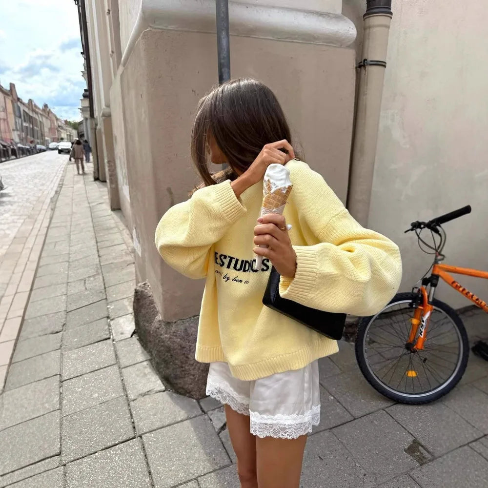Women Yellow Full Sleeve Round Neck Loose Top Casual Knitted Pleated Short Sweaters New Autumn Lady Daily Street Commute Outfits