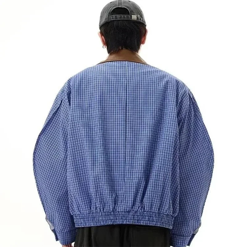 2025 Autumn High Street Plaid Jackets For Men Casual Y2K Vintage Streetwear Zipper Coats Hip Hop Fashion Motorcycle Jacket
