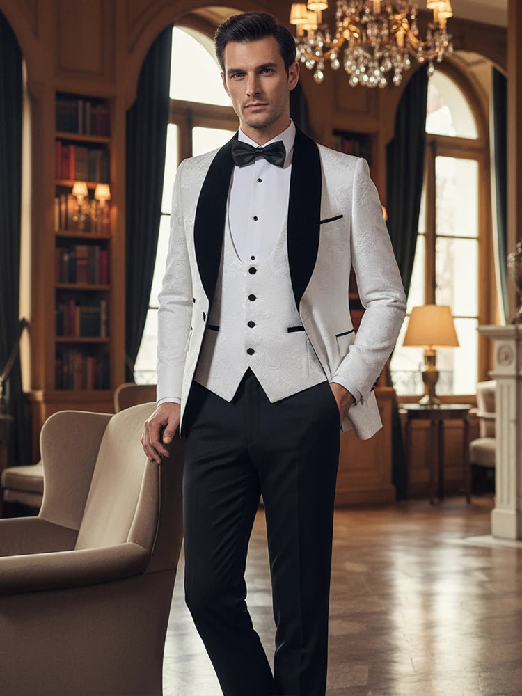 ST Cassy High Quality luxury Retro carving Party Dress Slim Fit Tuxedo Prom Suit Fashion white Male Groom Wedding three-piece