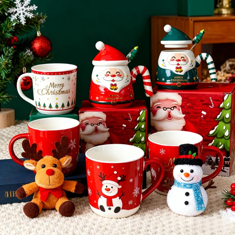 Christmas Gift Selection Cartoon Santa Mug, Ceramic Mug with Lid & Spoon, Gift Box Packaging, Create a Warm Christmas Atmosphere