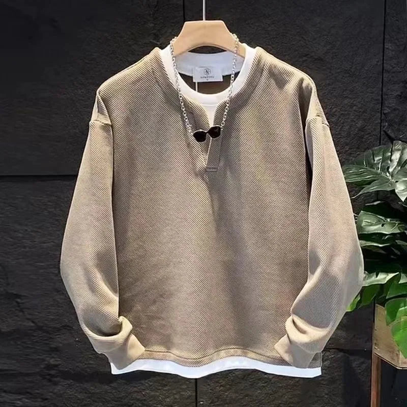 Autumn New Fake Two Piece Men's All-match Pullovers Top Long Sleeve Plus Size Loose Casual Hoodies Fashion Korean Men Clothing