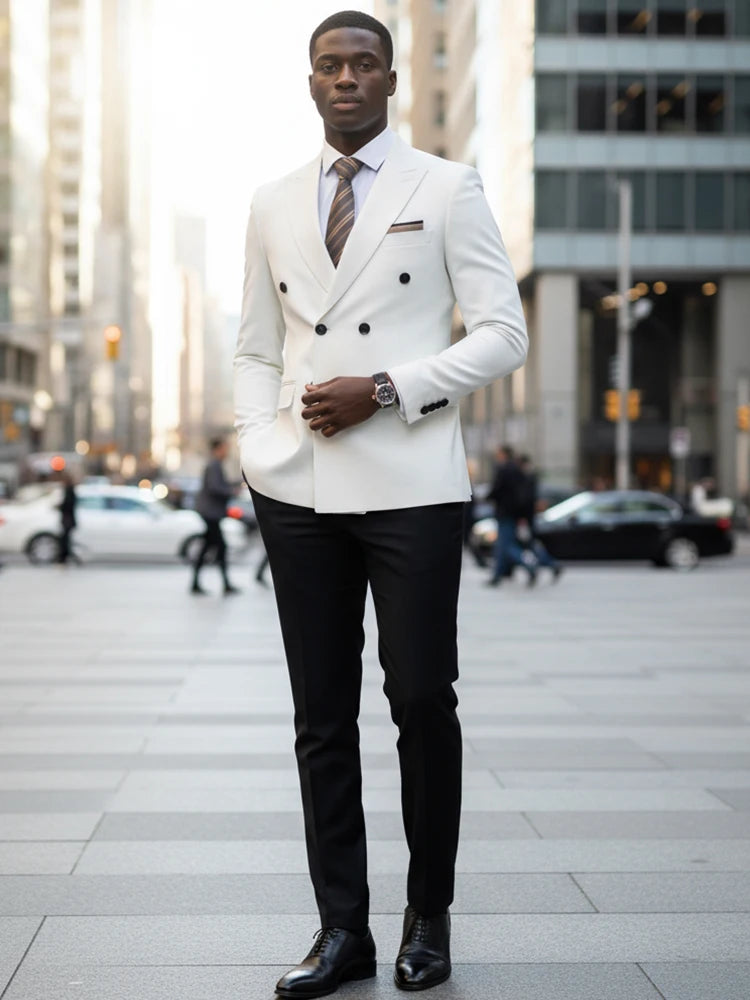 ST cassy 2 Piece White Double Breasted Suit Set  Business Wedding Outfit Classic Stylish Blazer Pants Trendy Elegant