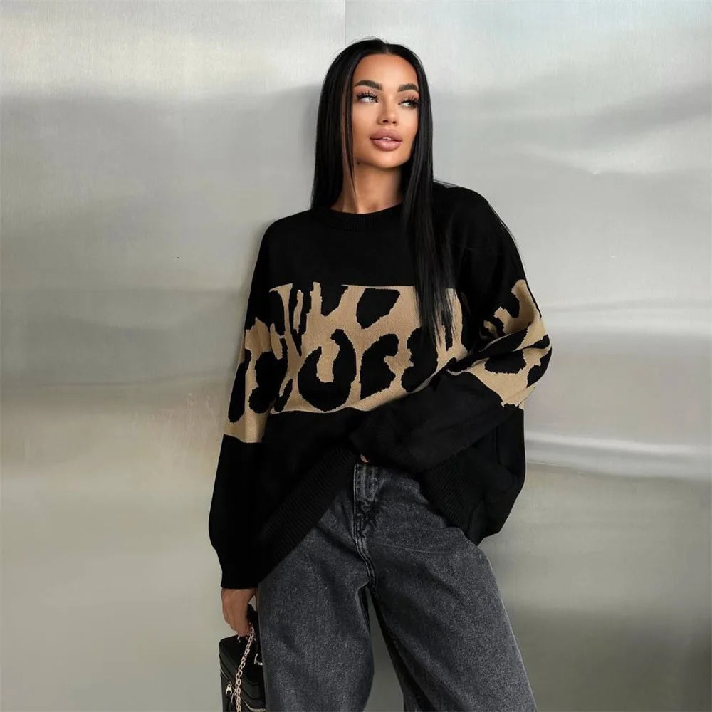 Autumn Winter Vintage Leopard Print Women's Sweater Loose Causal Oversized Knitwear Women Fashion Oneck Female Clothing 2024 New